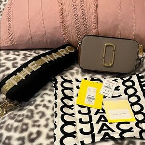 Marc Jacobs Gray Taupe Camera Crossbody with Gold Double-J